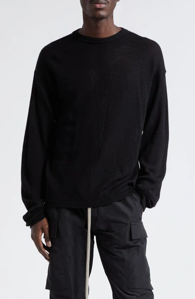 Rick Owens Maglia Penta Jacquard Virgin Wool Crewneck Sweater In Black