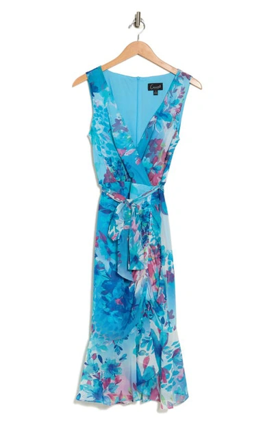 Connected Apparel Floral Sleeveless Faux Wrap Midi Dress In Turquoise