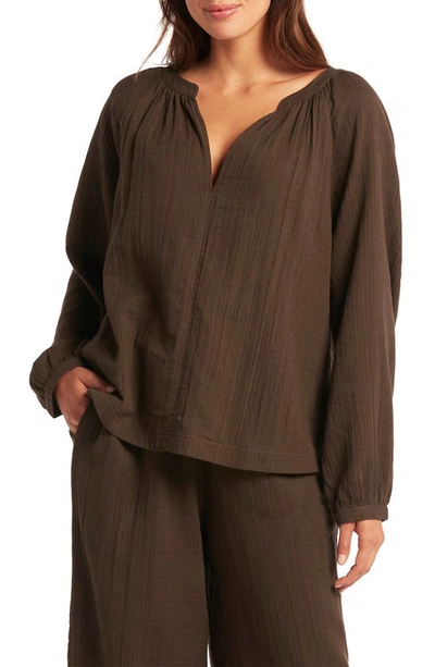 Sea Level Sunset Peasant Oversize Cover-up Top In Mocha