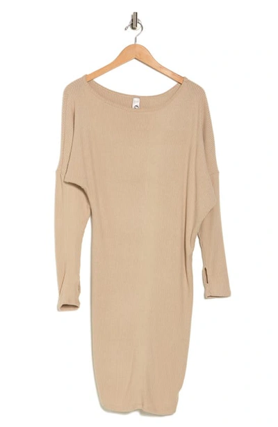 Go Couture Off The Shoulder Long Sleeve Dress In Camel Rib