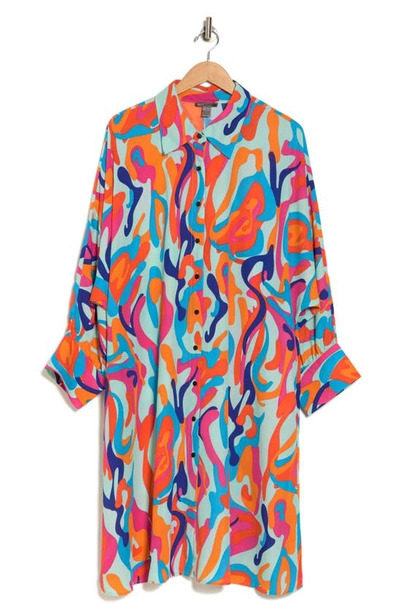 By Design Brooklyn Iii Long Sleeve Shirtdress In Teal/ Lava Leopard