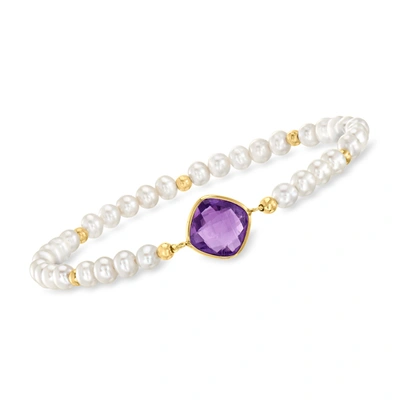 Ross-simons Amethyst And 4-5mm Cultured Pearl Stretch Bracelet With 14kt Yellow Gold In Multi