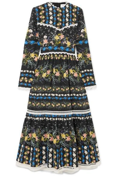 Erdem Georgie Lace-trimmed Floral-print Silk-crepe Midi Dress In Black