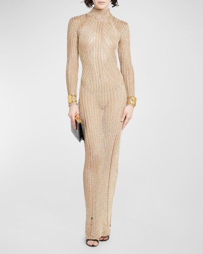 Tom Ford Metallic Knit Turtleneck Long-sleeve Open-back Maxi Gown In Pale Gold
