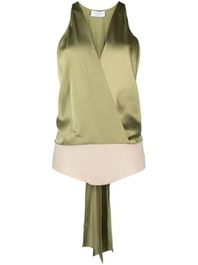 Blumarine Plunging V-neck Open Back Satin Bodysuit In Green