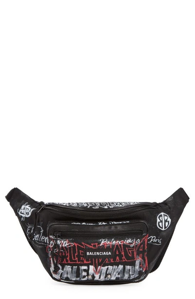 Balenciaga Explorer Graffiti Logo Canvas Belt Bag In Black