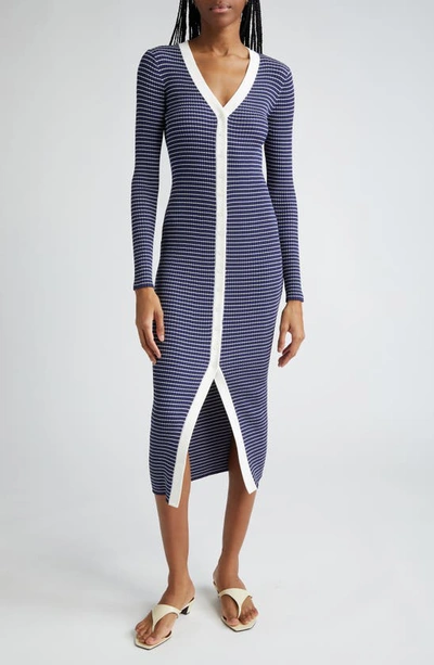 Staud Shoko Stripe Long Sleeve Sweater Dress In Navy Micro Stripe