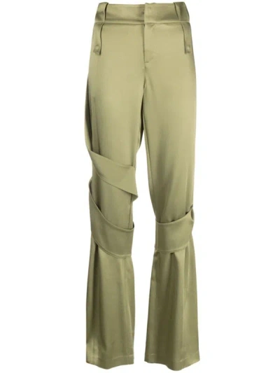 Blumarine Strap-detail Satin Straight-leg Trousers In Green