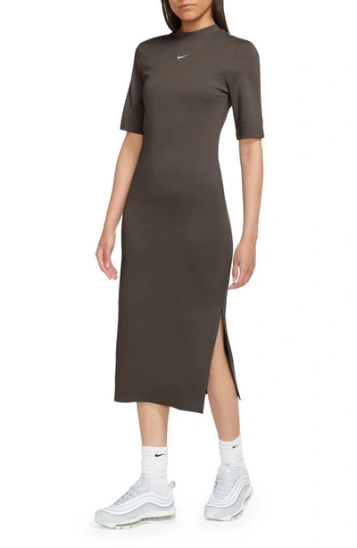 Nike Sportswear Essential Crewneck Midi Dress In Baroque Brown/ Sail