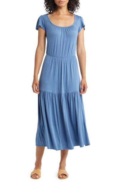 Loveappella Tie Back Tiered Maxi Dress In Denim