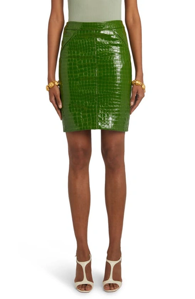 Tom Ford Croc Embossed Goatskin Leather Skirt In Bright Green