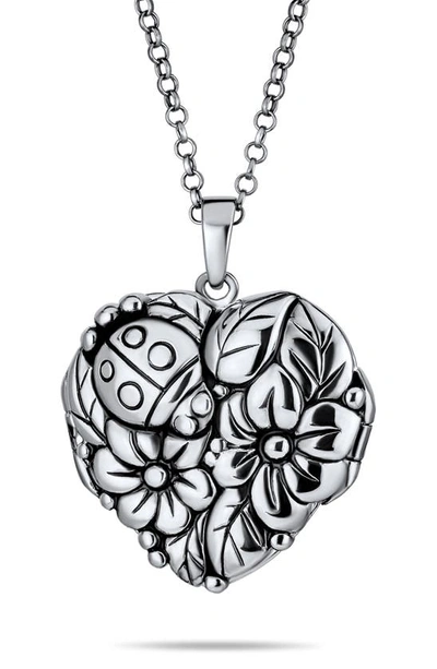 Bling Jewelry Rhodium Plated Sterling Silver Floral Ladybug Heart Locket Necklace
