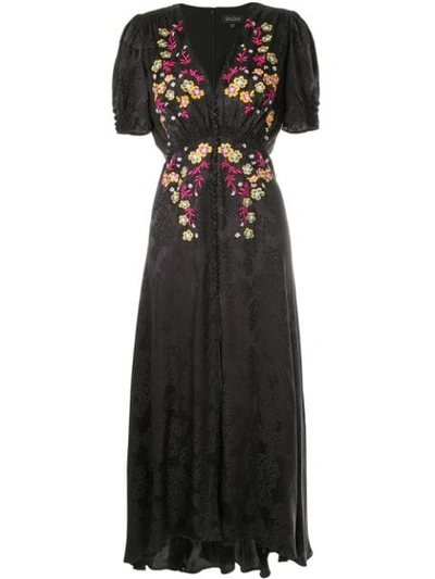 Saloni Lea Embroidered Silk-satin Jacquard Maxi Dress In Black