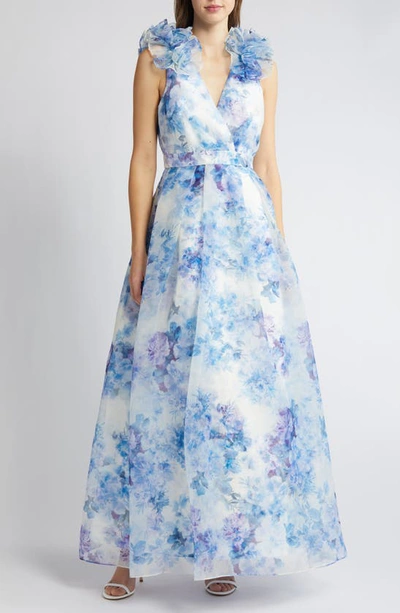 Julia Jordan Ruffle Floral Gown In Ivory/ Blue