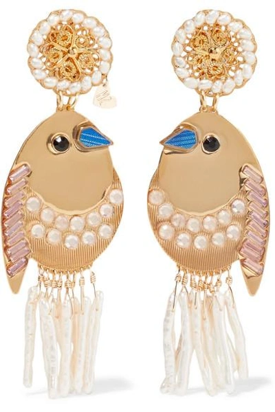 Mercedes Salazar Bird Gold-tone, Faux Pearl And Crystal Clip Earrings