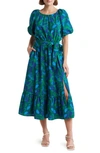 Melloday Floral Print Poplin Midi Dress In Green Multi