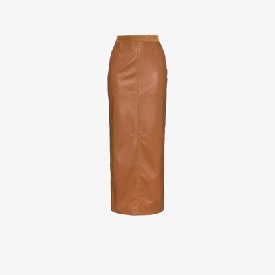 Situationist High Waist Leather Straight Midi Skirt - Brown