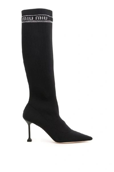 Miu Miu Sock Heeled Sock Boots In Nero Cromo