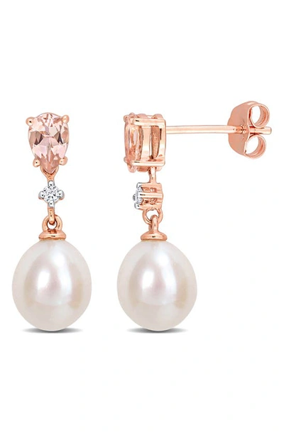 Delmar 14k Rose Gold 8–8.5mm Cultured Freshwater Pearl, Morganite & Diamond Drop Earrings In Pink