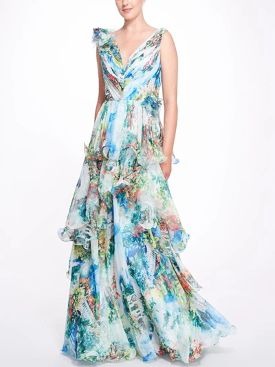 Marchesa Sleeveless V-neck Tiered Chiffon Gown In Multi