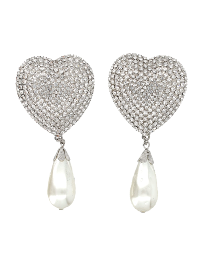 Alessandra Rich Heart Crystal Earrings With Pearls In Silver Crystal