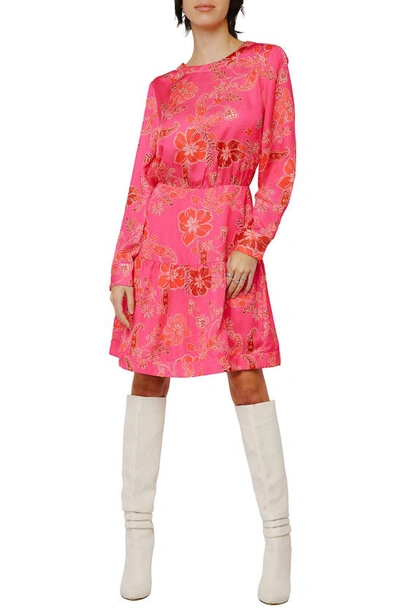 Ciebon Floral Long Sleeve Back Cutout Fit & Flare Dress In Pink Multi