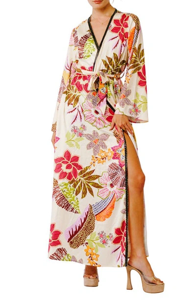 Ciebon Floral Long Sleeve Maxi Wrap Dress In Cream Multi