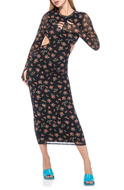 Afrm Janet Floral Cutout Long Sleeve Mesh Midi Dress In Noir Rose Garden