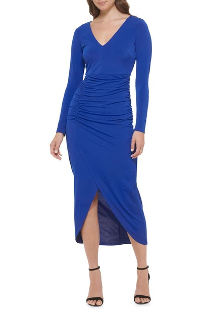 Guess Long Sleeve Ruched High-low Body-con Dress In Cobalt