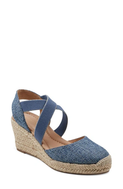 Easy Spirit Meza Espadrille Platform Wedge In Blue,gold- Textile