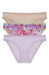 On Gossamer 3-pack Mesh Hip Bikinis In Brightblooms,orchidpetal