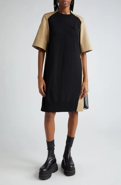 Sacai Cotton Gabardine & Sweater Knit Hybrid Dress In Black X Beige