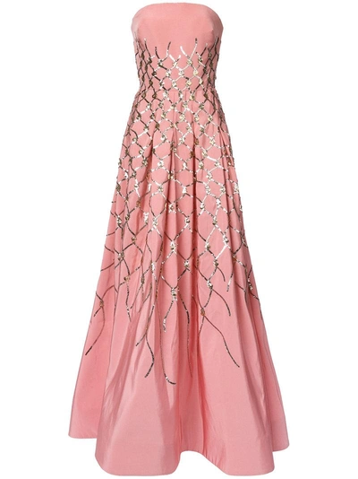Oscar De La Renta Sequin Fishnet Embroidered Gown - Pink
