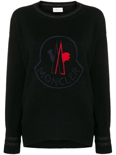 Moncler Logo Embroidered Wool Blend Sweater In Black