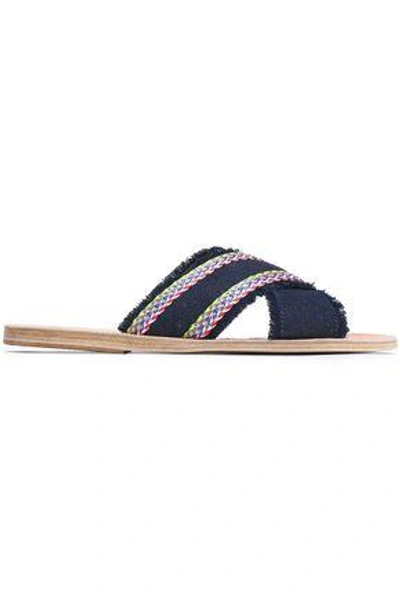 Ancient Greek Sandals Woman Appliquéd Frayed Denim Slides Dark Denim