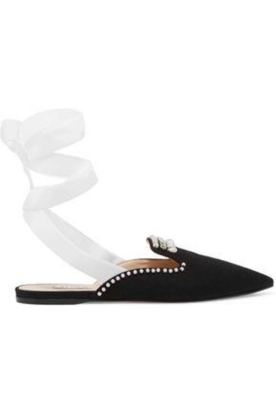 Attico Woman Elena Embellished Velvet And Canvas Slippers Black