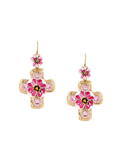 Dolce & Gabbana Flower And Crystal-embellished Cross Earrings In Gold