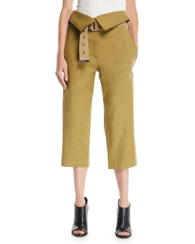 Sea Kinney Belted Collapsed-waist Wide-leg Cotton-linen Pants In Olive