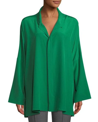 Eskandar Spread-collar Long-sleeve Silk Imperial Shirt In Green