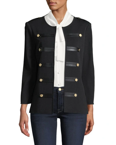 Misook Knit Military Jacket With Faux-leather Epaulets, Plus Size In Black