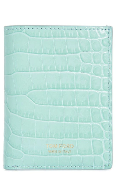 Tom Ford T-line Croc Embossed Leather Bifold Card Case In Turquoise
