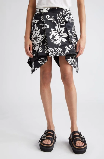 Sacai Floral Print Asymmetric Cargo Skirt In Black