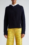 Victoria Beckham Contrast V-neck Cable Stitch Lambswool Sweater In Navy