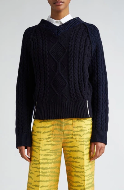 Victoria Beckham Contrast V-neck Cable Stitch Lambswool Jumper In Navy