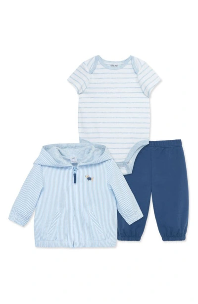 Little Me Babies'  Puppy Stripe Cotton Zip-up Jacket, Bodysuit & Pants Set In Blue