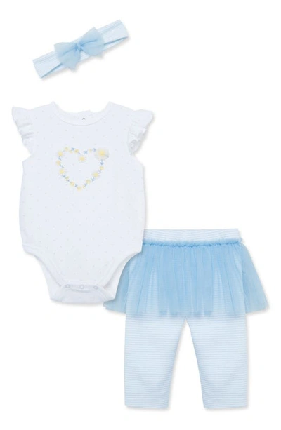 Little Me Babies' Daisies Bodysuit, Tutu Leggings & Headband Set In Blue