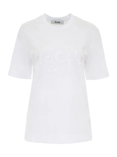 Msgm T-shirt With Sequins Logo In Bianco (white)