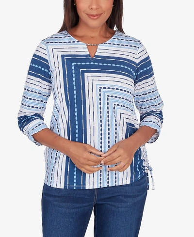 Alfred Dunner Plus Size In Full Bloom Spliced Texture Stripe Side Tie Top In Multi