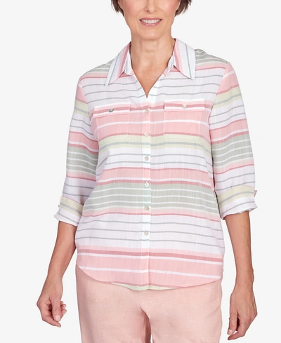 Alfred Dunner Petite English Garden Stripe Split Sleeve Button Down Shirt In Multi
