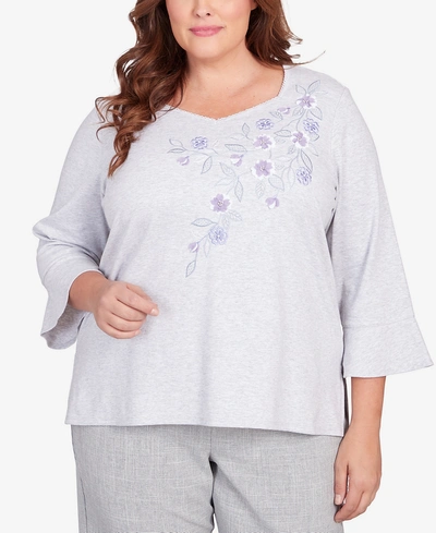 Alfred Dunner Plus Size Isn't It Romantic Floral Applique Sweetheart Neck Top In Light Gray